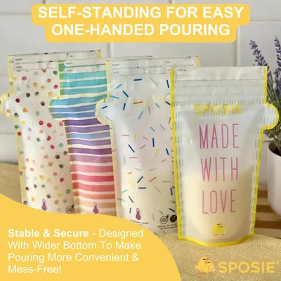 Highlights the product's self-standing feature and wider bottom design that enables easy one-handed pouring and mess-free convenience for parents.