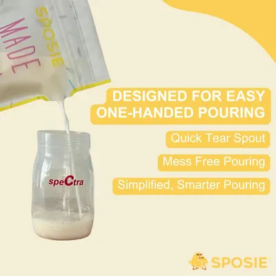 Communicates multiple convenience benefits of the pouring spout design, emphasizing ease of use, cleanliness, and simplified handling for parents preparing baby formula or similar products.