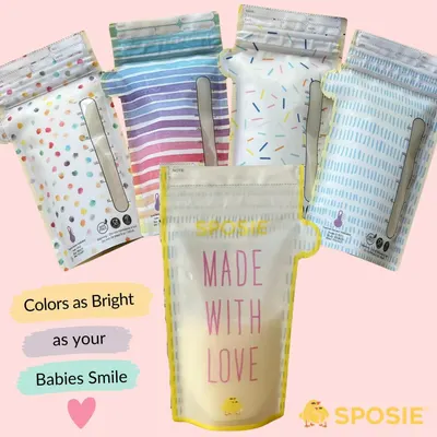 Showcases the brand's product portfolio of breast milk storage bags in multiple cheerful patterns, reinforcing the emotional brand message 'Made with Love' and 'Colors as Bright as your Babies Smile.'