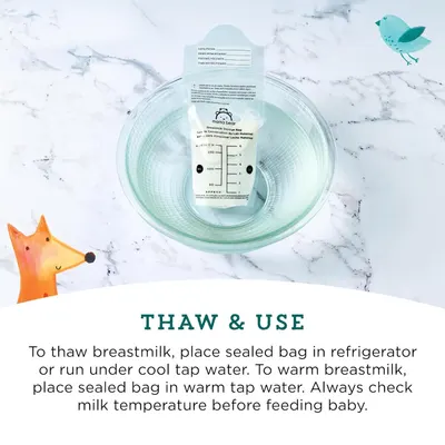 Educates parents on how to properly thaw and warm stored breastmilk using the storage bag, ensuring safe preparation for feeding.