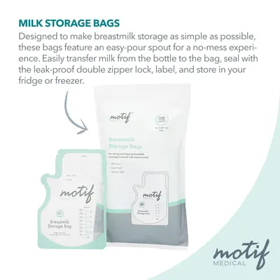 Communicates the simplicity and convenience of the breastmilk storage bags, emphasizing the easy-pour spout, leak-proof seal, and hassle-free storage process to reassure new parents.