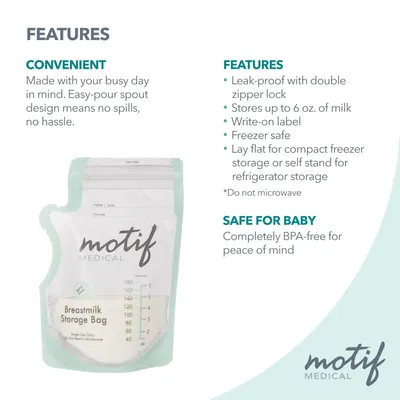 Communicates multiple distinct product benefits in a segmented layout to show parents the convenience, safety, and versatility of the breastmilk storage bag.