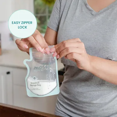 Demonstrates the ease of use and secure closure of the breastmilk storage bag's zipper lock feature, reassuring parents that the product is convenient and leak-proof.