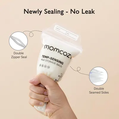 Highlights the product's leak-proof construction by pointing out the double zipper seal and double seamed sides, reassuring shoppers that the milk storage bags are secure and reliable.