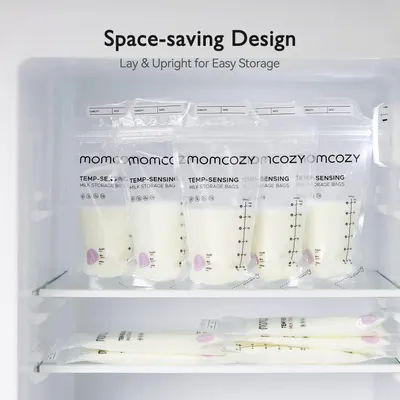 Demonstrates that the milk storage bags can be stored both upright and laying flat in the refrigerator, emphasizing the space-saving convenience for parents.
