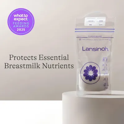 Communicates that the Lansinoh breastmilk storage bag protects essential nutrients in breastmilk, reassuring mothers about quality preservation. Displays the What to Expect Feeding Awards 2025 badge…
