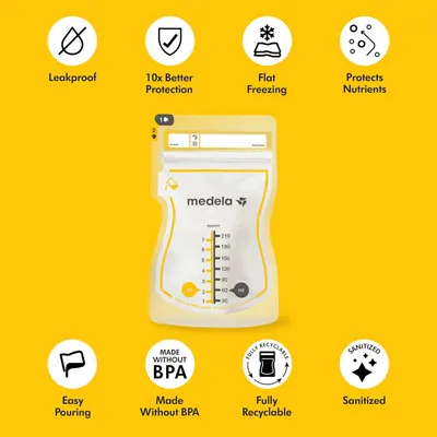 Communicates multiple distinct product benefits in a segmented layout with icons and text, showing shoppers why this breast milk storage bag is superior across safety, convenience, and environmental…