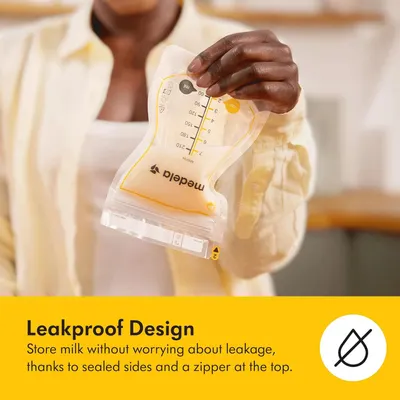 Communicates that the breast milk storage bag features a leakproof design with sealed sides and a zipper, reassuring parents they can store milk safely without worrying about spills or leakage.