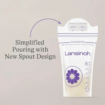 Highlights the product's new spout design feature to communicate ease of use and improved pouring functionality for breastmilk storage bags.