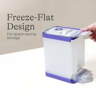 Communicates the product's freeze-flat design feature that enables space-saving storage, showing how the container flattens for efficient organization.
