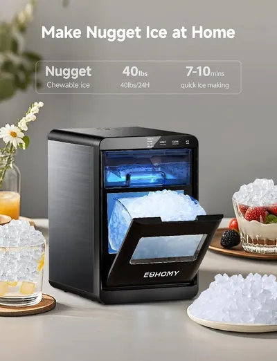 Communicates the product's high-capacity ice production (40 lbs per 24 hours) and fast ice-making speed (7-10 minutes) to demonstrate performance and efficiency for home use. Highlights the ability…
