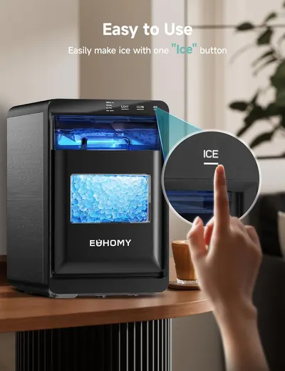 Demonstrates how simple it is to operate the ice maker by pressing a single 'Ice' button, reassuring shoppers that the product is user-friendly and requires minimal effort. Highlights the product's…