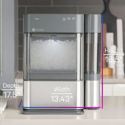 Communicates the exact physical dimensions of the ice maker to help shoppers determine if it will fit in their space.