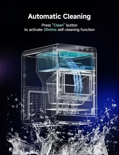 Explains how to activate the automatic cleaning feature by pressing the Clean button, reassuring shoppers that maintenance is simple and requires minimal effort. Highlights the convenience of the…