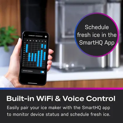 Communicates the smart connectivity feature of the ice maker, showing how users can schedule ice production and monitor the device remotely through the SmartHQ app.