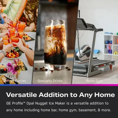 Demonstrates the product's versatility by showing three distinct use scenarios (dinner parties, specialty drinks, home gym) to communicate that the ice maker fits seamlessly into various lifestyle…
