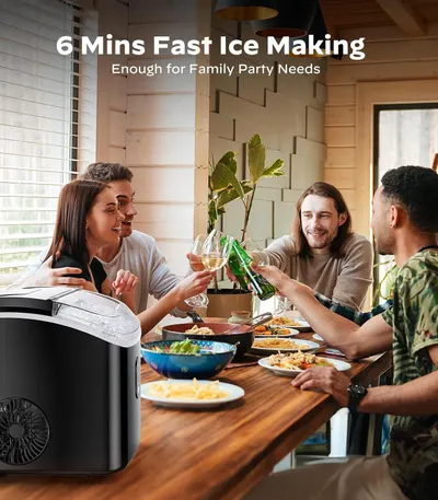 Communicates the product's quick ice-making capability (6 minutes) to reassure shoppers that it can meet family party needs efficiently. Highlights the convenience and speed of ice production as a…