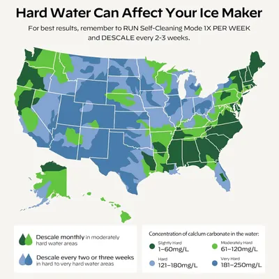 Educates shoppers on proper ice maker maintenance based on their regional water hardness, providing clear descaling frequency recommendations to ensure optimal performance and longevity.
