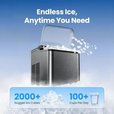 Communicates the ice maker's high capacity with quantifiable stats (2000+ nugget ice cubes, 100+ cups per day) to reassure shoppers of continuous ice availability and performance. Highlights the…