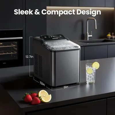 Communicates the physical footprint of the ice maker (12.7in x 12in x 9in) to reassure shoppers it will fit on their countertop without taking up excessive space. Highlights the product's…