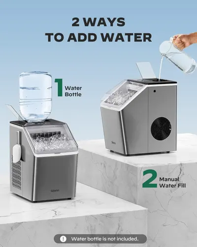 Demonstrates the two ways users can add water to the ice maker: using a water bottle attachment or manually pouring water, helping shoppers understand setup flexibility and ease of use. Shows the…