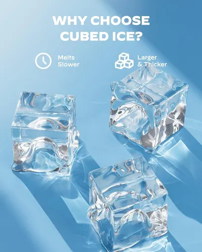 Communicates two distinct benefits of cubed ice—slower melting time and larger, thicker size—to help shoppers understand why this ice shape is superior for their beverages.