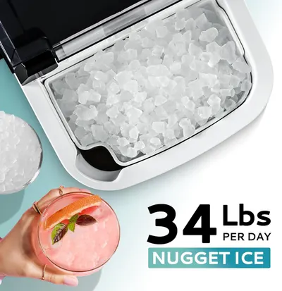 Communicates the ice maker's high daily output capacity of 34 lbs to reassure shoppers they'll have plenty of nugget ice for drinks and entertaining. Highlights the product's ability to produce…