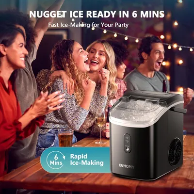 Communicates the product's rapid ice-making capability to emphasize convenience and speed for party hosting and entertaining. Highlights the key benefit of quick ice production in a party context,…
