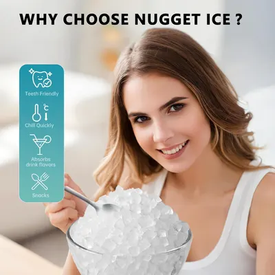 Communicates multiple distinct benefits of Nugget Ice in a segmented vertical layout to show why shoppers should choose this product over regular ice.