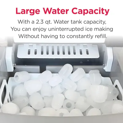 Highlights the 2.3 quart water tank capacity to reassure shoppers they can make ice continuously without frequent refills. Communicates the convenience benefit of continuous ice production without…