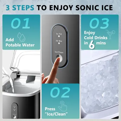 Demonstrates the simple 3-step process to operate the Sonic Ice maker, reassuring shoppers that the product is easy to use and delivers cold drinks quickly.
