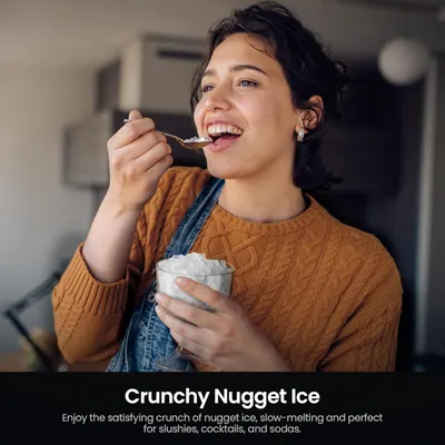 Highlights the satisfying crunch and slow-melting quality of the nugget ice, positioning it as perfect for slushies, cocktails, and sodas to appeal to shoppers seeking premium ice texture.