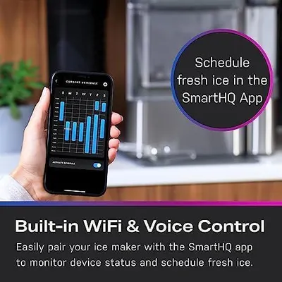 Communicates that the ice maker can be controlled and scheduled remotely via the SmartHQ app, emphasizing convenience and smart home integration.