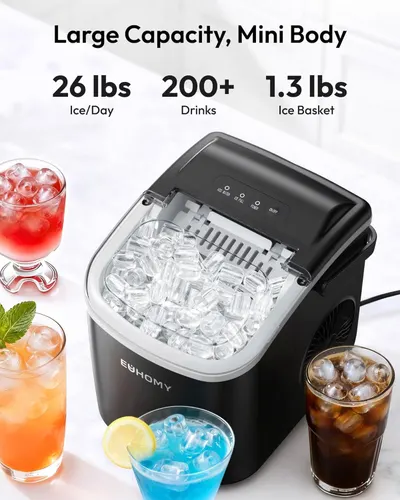 Communicates the product's impressive performance specifications—26 lbs of ice per day, 200+ drink capacity, and lightweight 1.3 lb ice basket—to demonstrate high capacity in a compact form factor.…