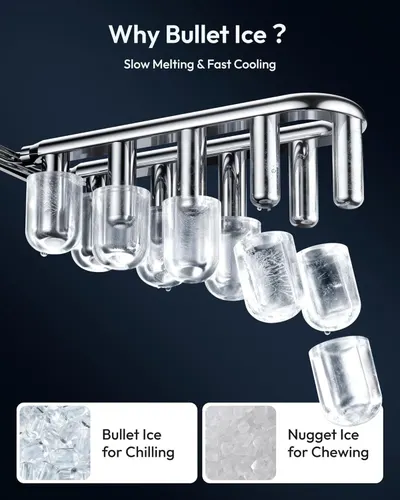 Demonstrates why bullet ice is superior to nugget ice by highlighting its slow melting and fast cooling properties, positioning it as the better choice for chilling drinks.