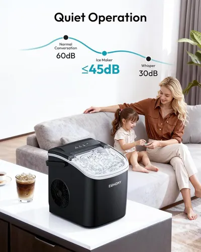 Communicates that the ice maker operates at a very low noise level (≤45dB), quieter than normal conversation, to reassure shoppers it won't disrupt their home environment. Highlights the quiet…