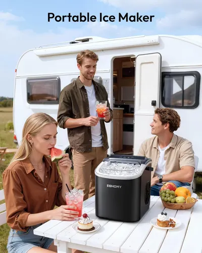 Demonstrates the ice maker's portability and versatility for outdoor activities, camping, and RV travel, showing it can provide fresh ice in remote locations. Shows the product in a real-world…