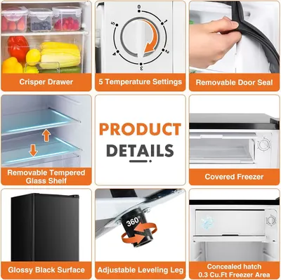 This image showcases multiple distinct features and benefits of the refrigerator in a segmented grid layout, helping shoppers understand the product's key selling points including storage options,…