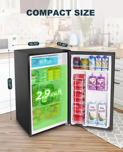 Communicates the physical dimensions of the mini fridge (18.70" x 17.40" x 33.07") to help shoppers understand its compact footprint and ensure it fits their space. Highlights the fridge's storage…