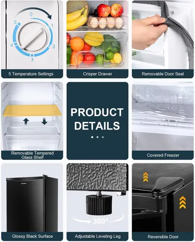 This image showcases multiple distinct features and benefits of the refrigerator in a segmented grid layout, helping shoppers understand the product's comprehensive functionality and design elements…