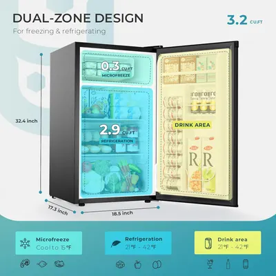 Communicates the exact physical dimensions of the refrigerator (32.4 x 18.5 x 17.3 inches) and the capacity breakdown of each zone (0.3 cu.ft microfreeze, 2.9 cu.ft refrigeration, 3.2 cu.ft total)…
