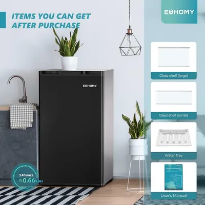 Shows the customer everything included with the mini fridge purchase, including accessories like shelves, water tray, and documentation to set clear expectations about the complete package.