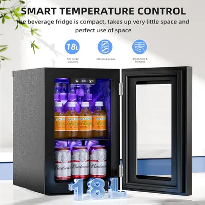 Communicates multiple key benefits of the beverage fridge including smart temperature control, 18L capacity that holds 330ml×24 cans, and its small, space-efficient, portable design to help shoppers…