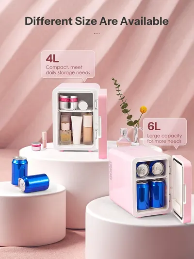This image showcases the brand's product lineup by displaying two different size options (4L and 6L) of mini fridges, helping shoppers choose the capacity that best fits their storage needs.