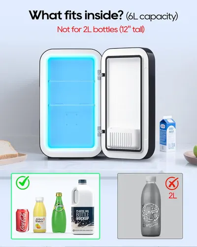 Clarifies what items fit inside the 6L mini fridge and explicitly warns shoppers that 2L bottles (12 inches tall) will not fit, managing expectations about storage capacity. Communicates the…
