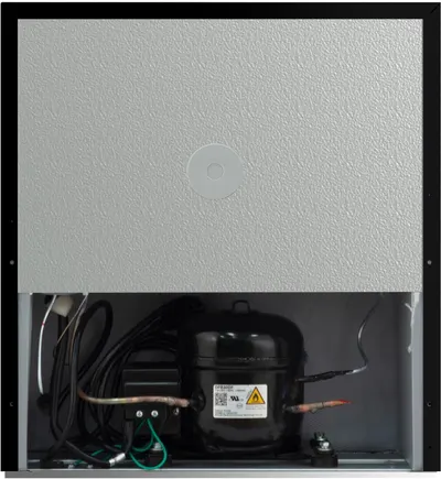 Shows the internal mechanical components and compressor motor to demonstrate the product's construction quality and help shoppers understand what powers the unit.