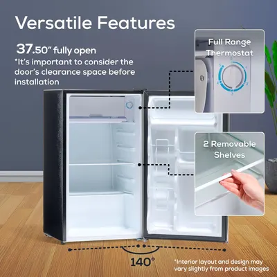 Communicates the versatile features of the refrigerator including adjustable temperature control, flexible storage options, wide door opening clearance, and maximum door swing angle to help shoppers…