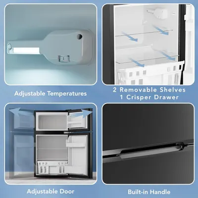 Showcases multiple distinct features of the refrigerator in a segmented four-panel layout to communicate versatility, customization, and convenience to shoppers.