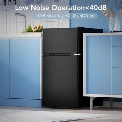 Communicates the product's quiet operation (under 40dB) and low energy cost (0.98 Kwh/day = $0.02 USD/day) to reassure shoppers that this refrigerator is both peaceful and economical to run.…