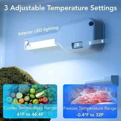 Communicates multiple key features of the refrigerator including adjustable temperature controls, interior lighting, and specific temperature ranges for both cooler and freezer compartments to help…